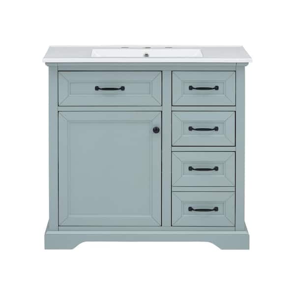 Kieranth 36 in. Grey Modern Bath Vanity with White Ceramic Top, Drawers, Tip-Out Drawers, Shelves, Cabinet