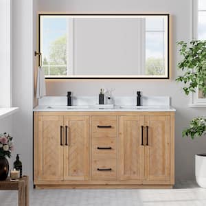 Anais 60 in. W x 22 in. D x 33 in. H Freestanding Bath Vanity in Brown with White Engineered Stone Top with Mirror