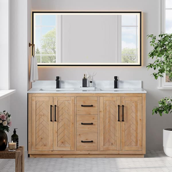 Altair Anais 60 in. W x 22 in. D x 33 in. H Double Sink Bath Vanity in Brown with White Engineered Stone Top and Mirror