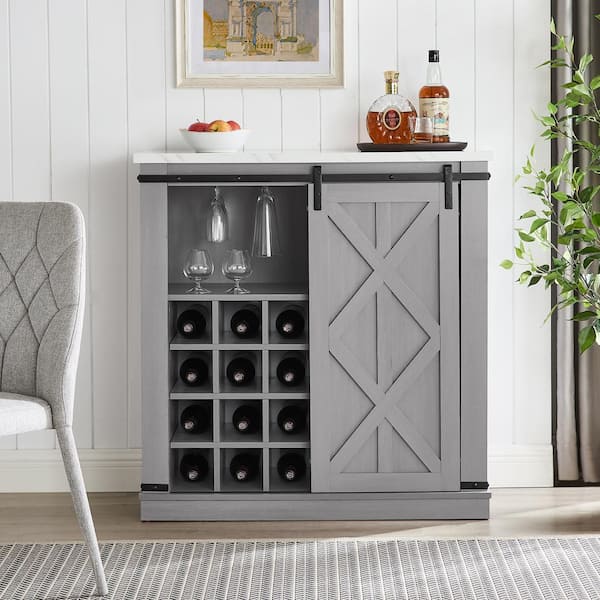 Festivo 37 In Gray Wood Buffet Bar Cabinet Barn Door With Marbling Pattern Countertop Fwc21192 The