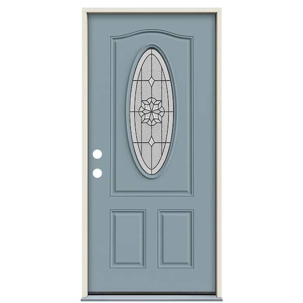 36 in. x 80 in. Right-Hand 3/4-Oval McAlpine Decorative Glass Light Blue Painted Steel Prehung Front Door