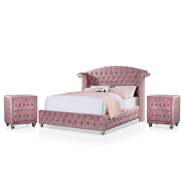 Furniture of America Nesika 3-Piece Glam Pink Upholstered Full Bedroom Set with 2-Nightstands