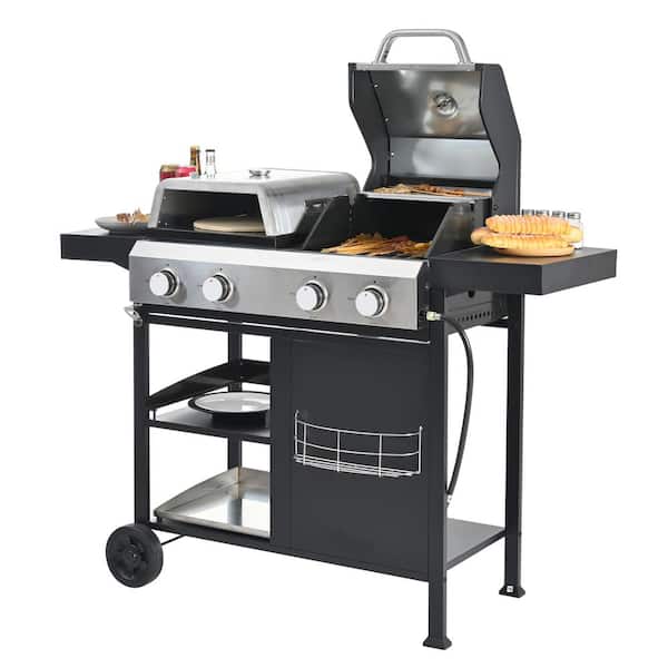 2-Plus 2-Burner Built-In Propane Gas Grill in Black and Silver and Pizza Oven Combo with Thermometer and Spice Rack