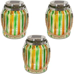 Solar Green and Yellow Glass Jar Integrated LED Lantern Landscape Pathway Light with White String Lights (3-Pack)