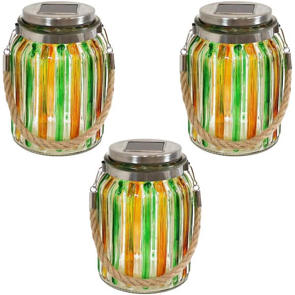 Sunnydaze Solar Green and Yellow Glass Jar Integrated LED Lantern Landscape Pathway Light with White String Lights (3-Pack)