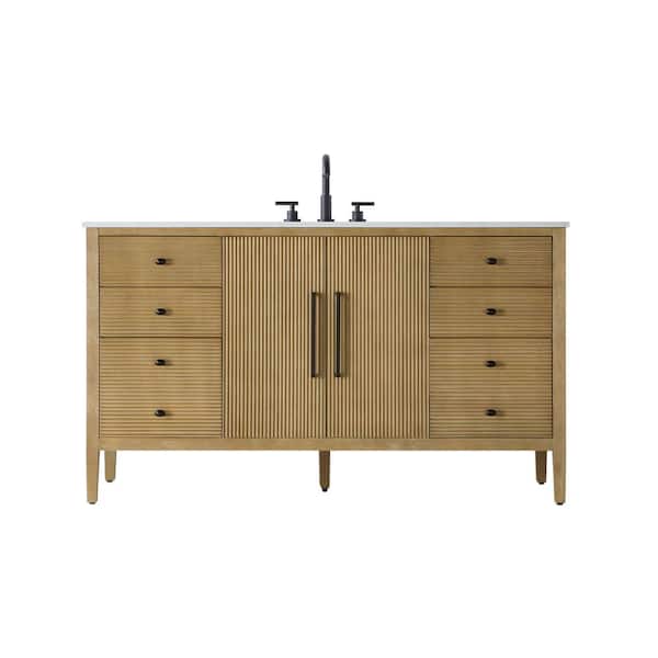 60 in. Single Sink Linen Oak Bath Vanity with White Engineered Marble Top