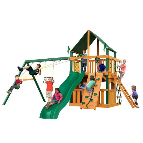 Gorilla Playsets Chateau Clubhouse Wooden Swing Set with Timber Shield Posts, Sunbrella Canvas Canopy and Rock Wall