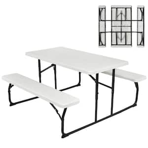 White Foldable Metal Bench Set Picnic Outdoor Camping Table With Extension