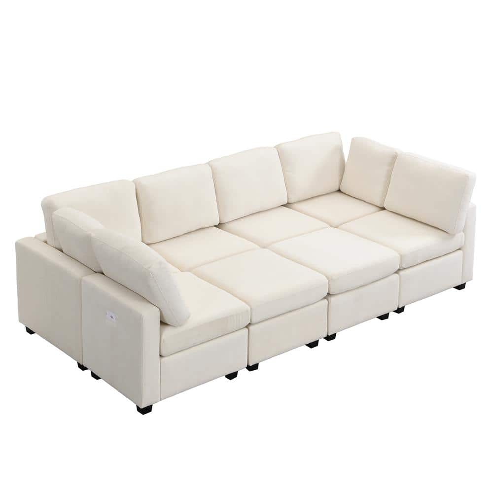 103" Beige Chenille Fabric Sectional Sofa with Ottoman