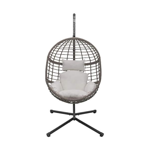 Maypex 78 in. Wicker Outdoor Basket Swing Chair with Grey and White Cushion and Stand