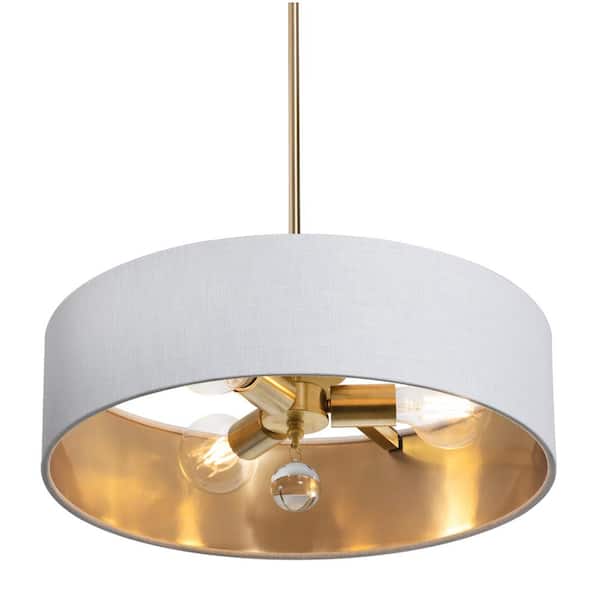 AFX Celine 60-Watt 3-Light Satin Brass Shaded Pendant Light with Fabric Shade and No Bulbs Included
