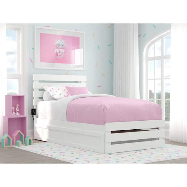 AFI Oxford White Twin Bed with Footboard and USB Turbo Charger with Twin Trundle