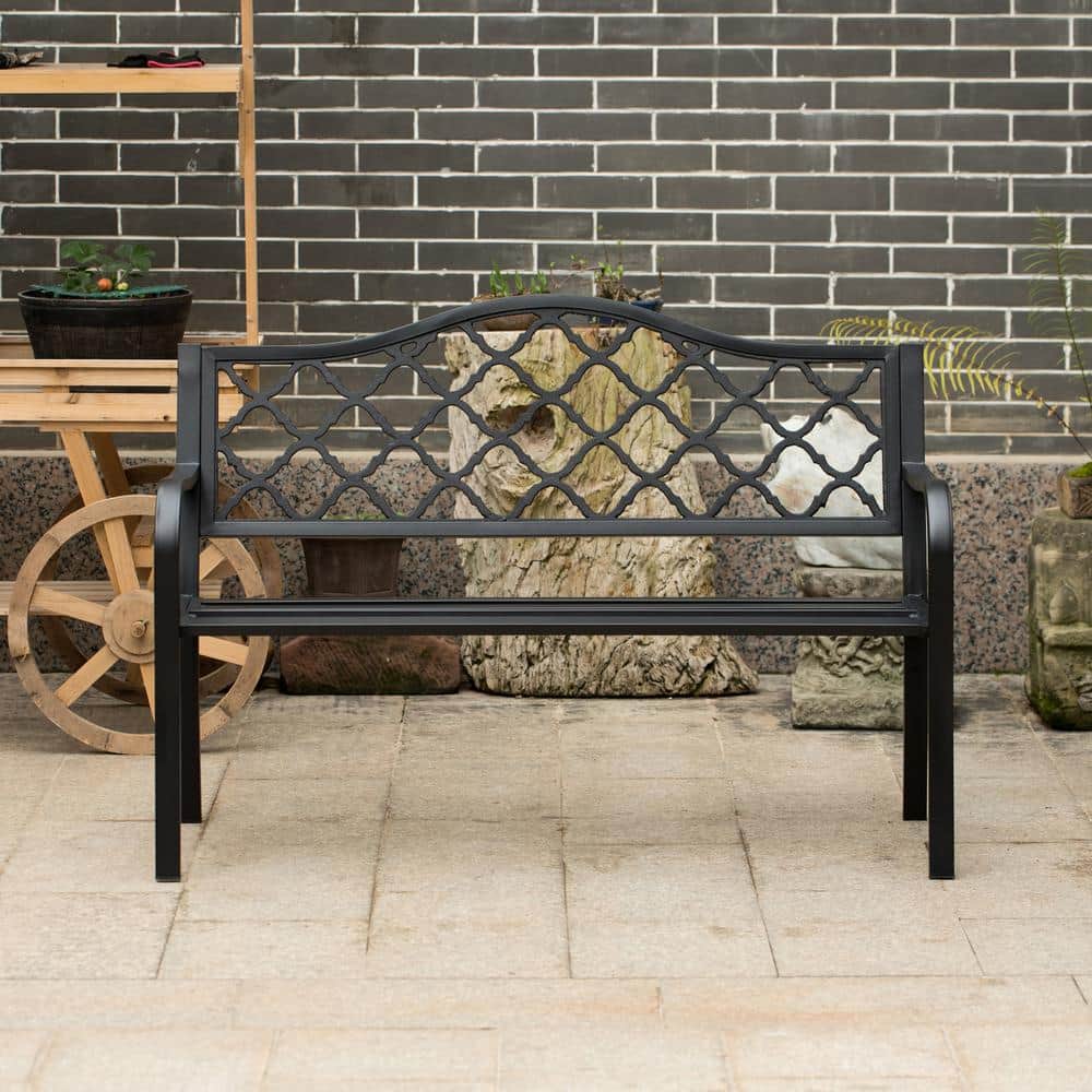 Black Steel and Cast Iron Outdoor Patio Bench
