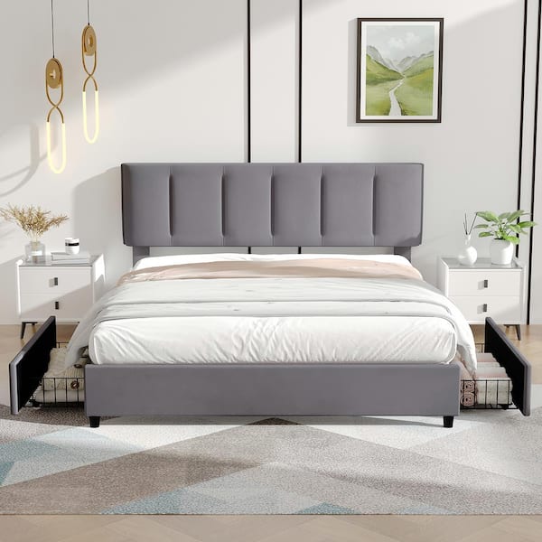 VECELO Upholstered Bed Frame, Gray Queen Metal Frame With 4-Storage Drawers and Adjustable Headboard Platform Bed Frame