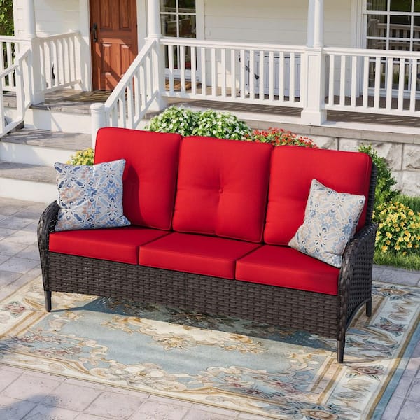 3-Seat Deep Brown Wicker Outdoor Couch Patio Sofa with Red Cushions