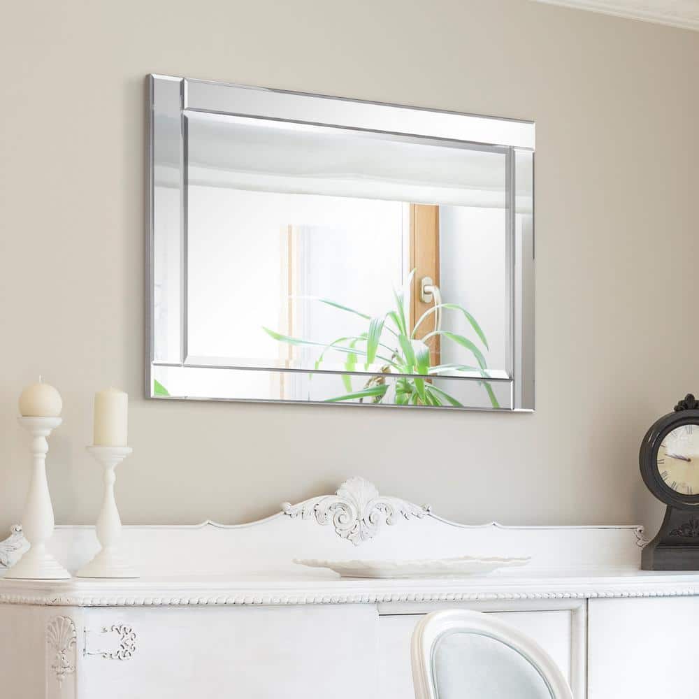 Silver Beveled Rectangular Wall Mirror with Wood Frame