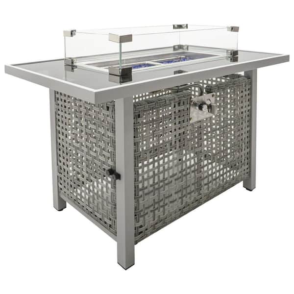 60000 BTU Rectangular Open Weave Wicker Table with Glass Wind Guard Gray Propane Fire Pit