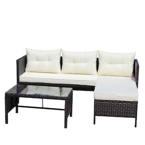 3 Pieces Outdoor Wicker Sofa Set, Patio Furniture sofa set, with Beige Cushions