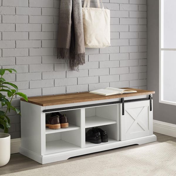 48 in. White / Reclaimed Barnwood Sliding Barn Door Entry Bench