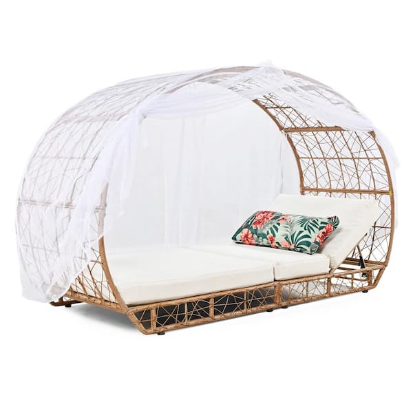 Cesicia Wicker Outdoor Backrest Adjustable Day Bed with Beige Cushions and Curtain