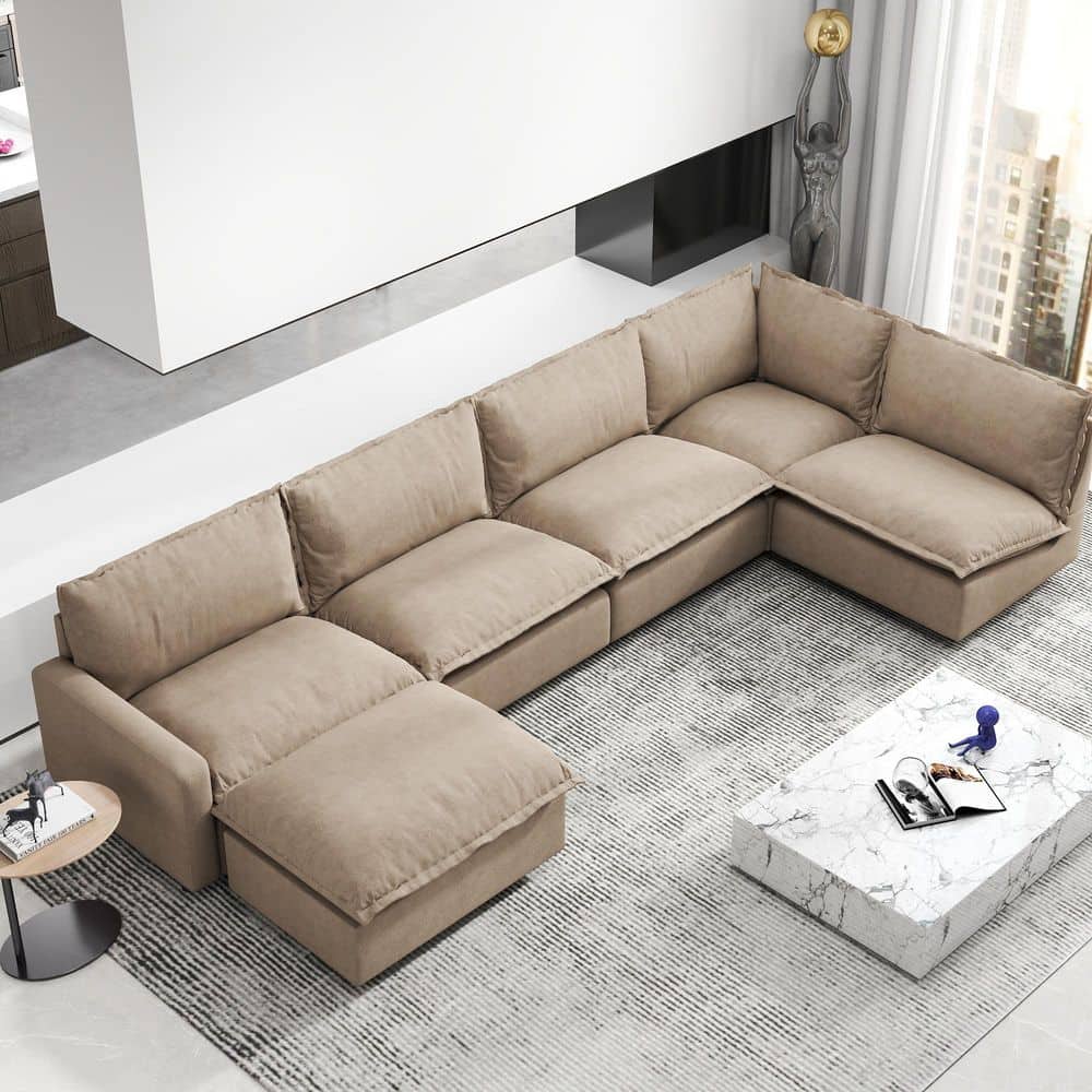 140.16 in. Square Arm 6-Piece Linen U-Shaped Sectional Sofa For Spacious Living Room with Ottoman in Brown
