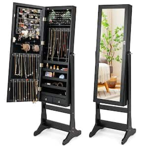 Black Wood Lockable Mirrored Jewelry Cabinet Armoire Organizer Storage with Stand and LED Lights