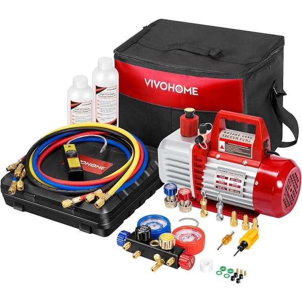 110V 1/2 HP 5CFM 2 Stage HVAC Vacuum Pump and 4 Way AC Manifold Gauge Set Kit with Leak Detector 5 ft. Hoses