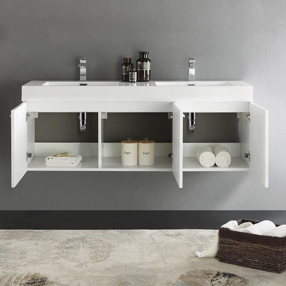 Vista 60'' Glossy White Wall Mounted Double Bathroom Vanity with Acrylic Top