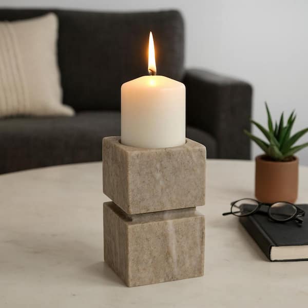 Liv & Skye Ivory 6 in. Onyx Marble Stacked Cubes Pillar Candle Holder