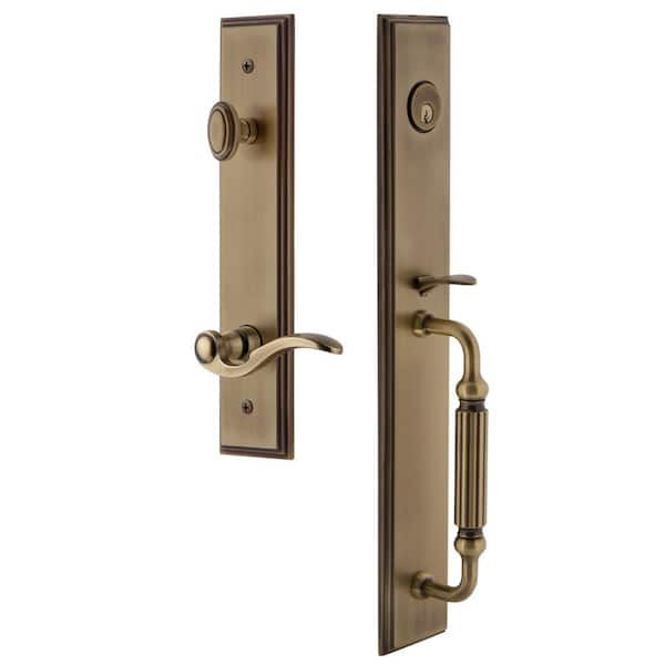 Grandeur Carre Vintage Brass 1-Piece Door Handleset with F Grip and Bellagio Lever - Right Handed