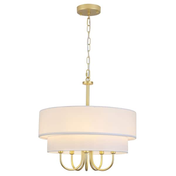 18 in. 5-Light Spray Gold Bohemian Candle Chandelier with White Fabric Double Drum Shape for Living Room Entryway Porch