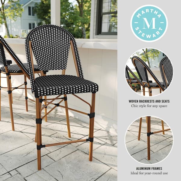 Lily Pond Stackable Aluminum Outdoor Counter Stools with Natural Woodgrain Frame, Black/White Rattan Back/Seat, 2-Pack