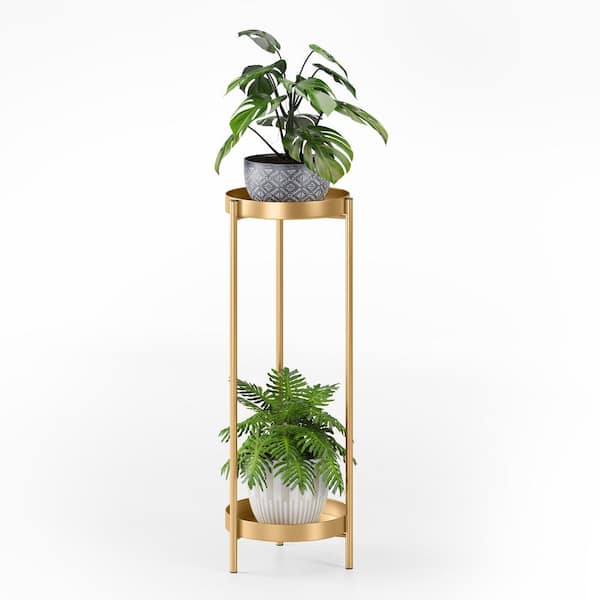 Goodeco 30 in. Indoor/Outdoor 2-Tiers Tall Plant Display Storage Shelf Table Gold Metal Plant Stand Plant Shelf Table