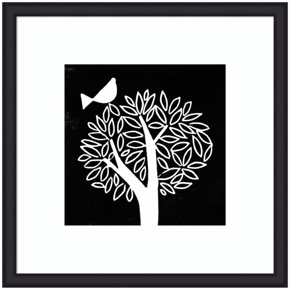 "Oliver ""Black and White Bird Tree Linocut"" by Giuliana Lazzerini Animals Framed Art Print 35 in. x 35 in." price history on PriceWatchPro