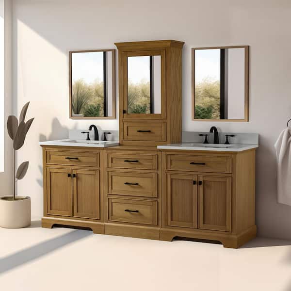 Milano 84 in Modular Double Sink Oak Bath Vanity with White QuartzTop (Unassembled)