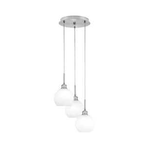 Savannah 11.25 in. 3-Light Brushed Nickel Cord Pendant Light White Marble Glass Shade