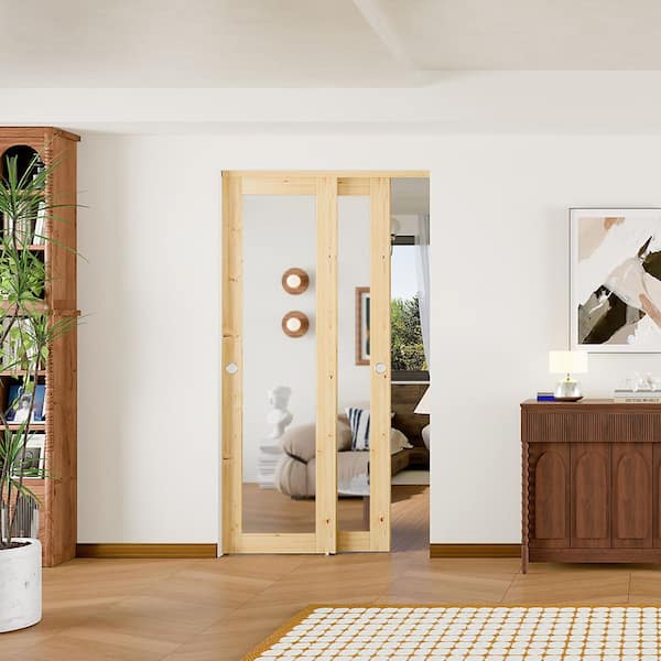48 in. x 80 in. Light Brown, Solid Pine Wood, Double Full Lite Mirrored Glass Sliding Door with All Hardware