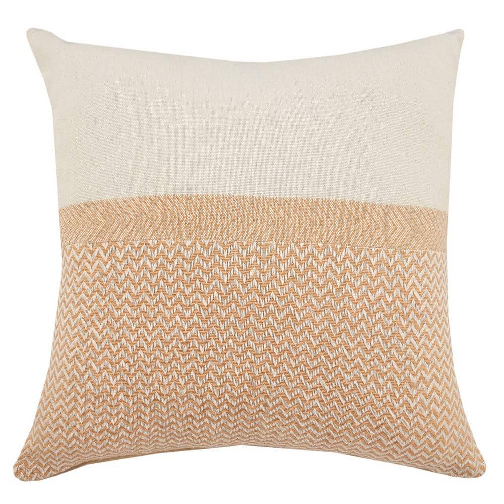 Chic Off-White / Orange Chevron Color Block Soft Poly-fill 18 in. x 18 in. 