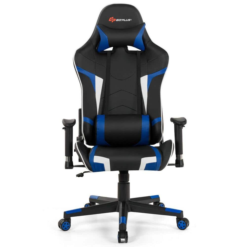 Blue and Black Faux Leather Ergonomic Gaming Chair with Adjustable Arms