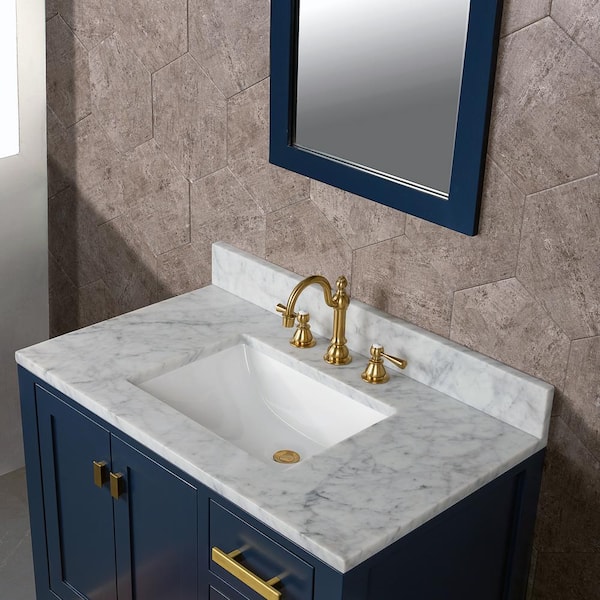 Madison 36 in.W x 21.5 in.D x 34 in.H Single Sink Bath Vanity in Monarch Blue with Carrara White Marble Top and Mirror