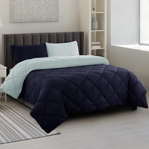 3-Piece Medium Warmth Reversible Navy Down Alternative King Comforter