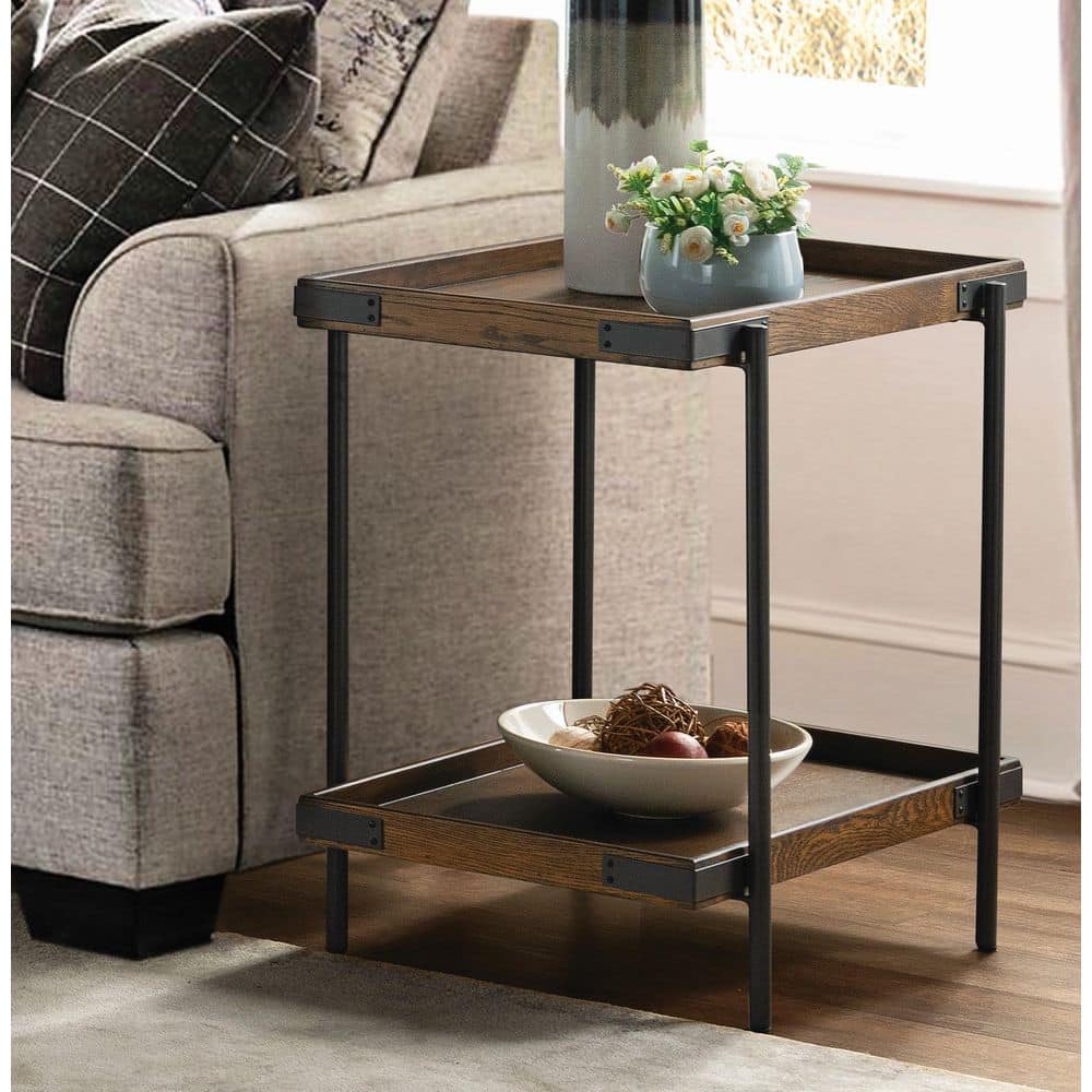 Kyra 27" Oak and Metal Industrial Side Table with Shelf