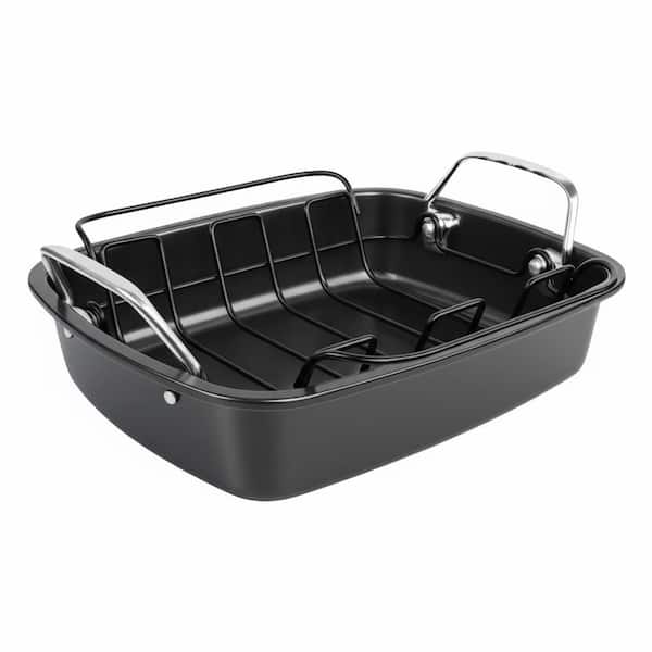 17 qt. Dark Gray Carbon Steel Oven Safe Nonstick Roasting Pan with Rack for Turkey Chicken Meats 1 Piece