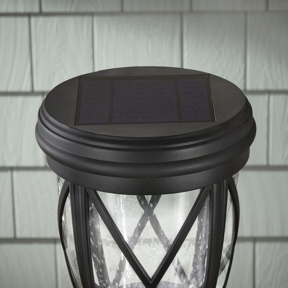 Black Aluminum Solar Post Lantern with Seeded Glass Shade