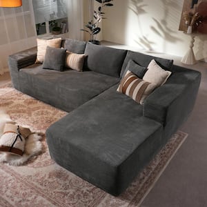 Verve 106 in. Wide Square Arm 2-Piece Modern Corduroy Fabric L-Shape Modular Sectional Sofa in Gray with Right Chaise