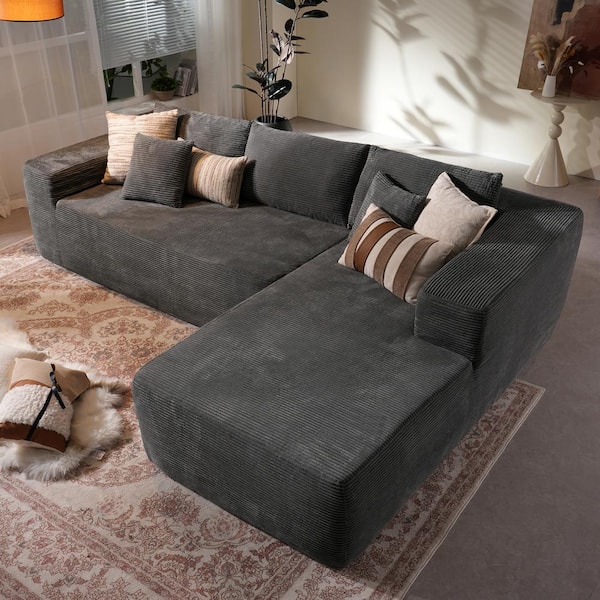 Allwex Verve 106 in. Wide Square Arm 2-Piece Modern Corduroy Fabric L-Shape Modular Sectional Sofa in Gray with Right Chaise