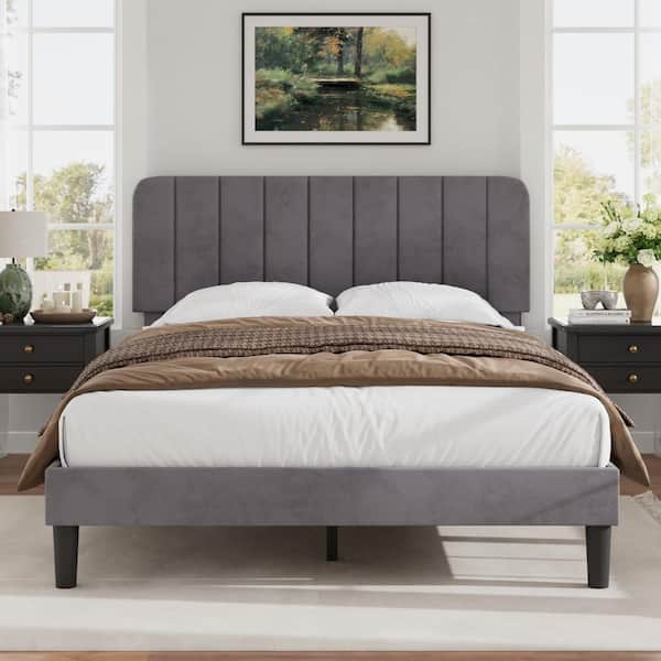 Upholstered Bed Frame Gray Metal Frame Queen Platform Bed with Adjustable Headboard, Strong Wooden Slats Support