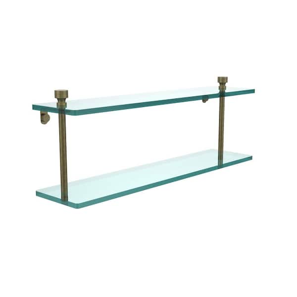 Allied Brass Foxtrot 22 in. L x 8 in. H x 5 in. W 2-Tier Clear Glass Bathroom Shelf in Antique Brass