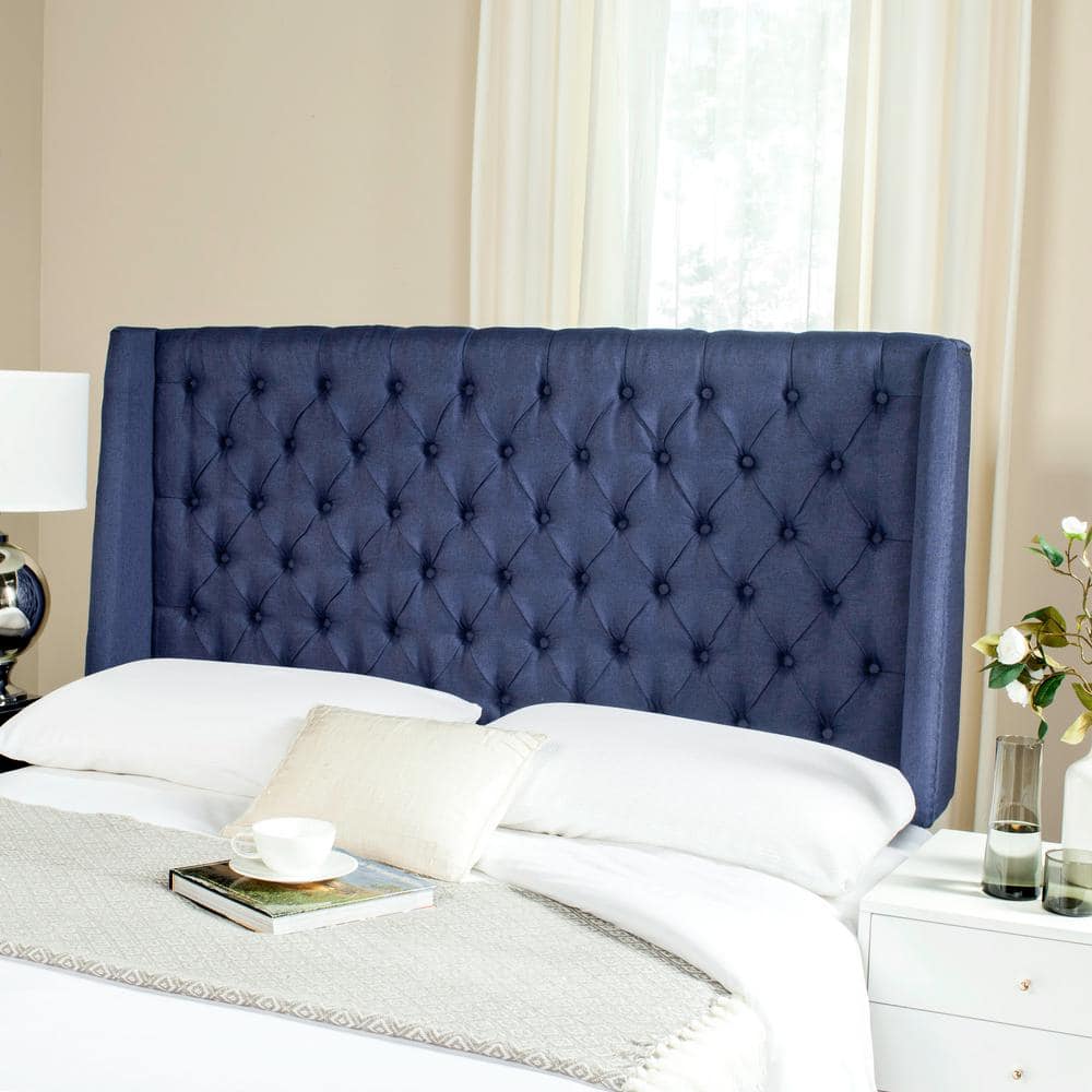 Navy Tufted Linen Full Winged Headboard with Nailhead Trim