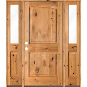 58 in. x 80 in. Rustic Knotty Alder Arch Clear Stain Wood Right Hand Inswing Single Prehung Front Door/Half Sidelites